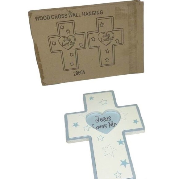 Jesus Loves Me Wood Cross Wall Hanging Blue Boy Stars Decor Christian NEW - Picture 5 of 6